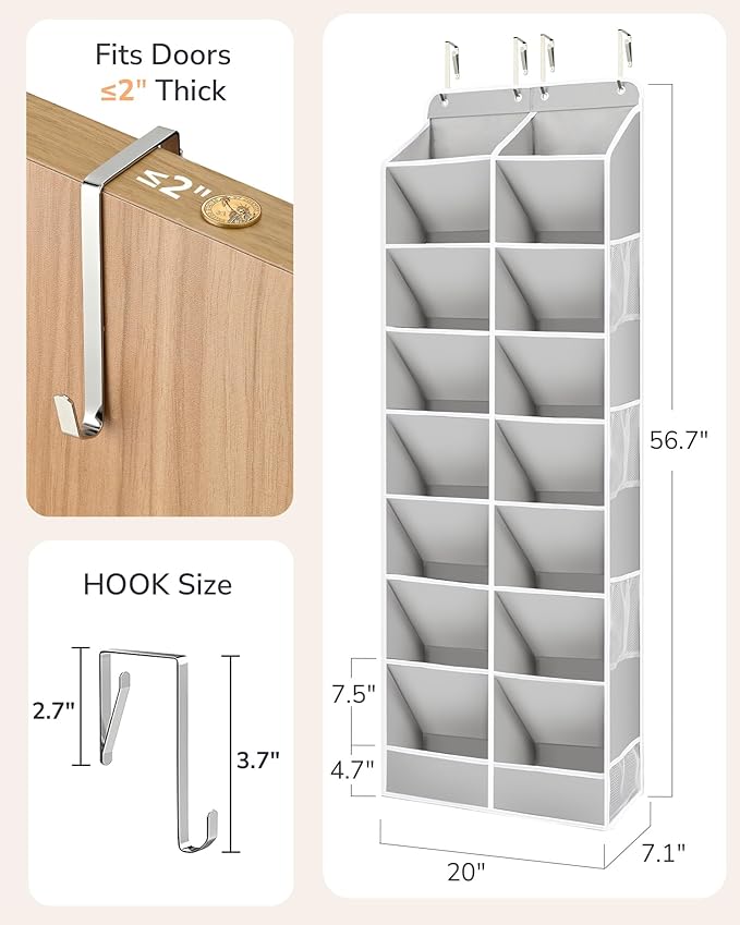ULG Over The Door Shoe Organizer with 16 Large Pockets, Hanging Shoe Rack for Closet Door, Space Saving Shoe Storage for Boots, Heels & Sneakers,Grey