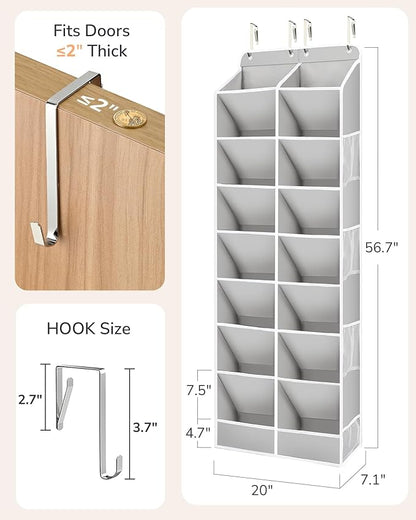 ULG Over The Door Shoe Organizer with 16 Large Pockets, Hanging Shoe Rack for Closet Door, Space Saving Shoe Storage for Boots, Heels & Sneakers,Grey