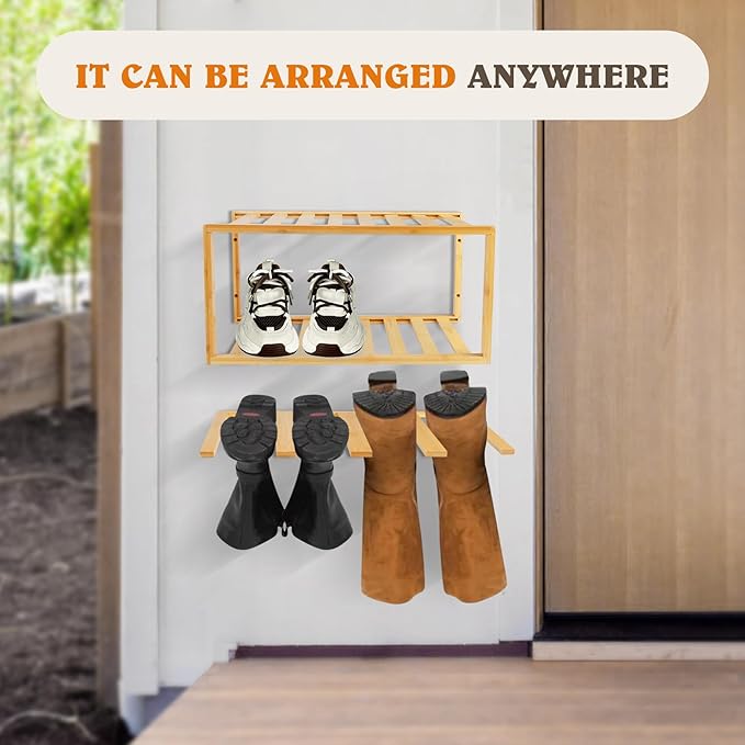 Boot Hangers Hanging Shoe Rack Wall Mounted Floating Tall Boot Holder, Bamboo Wader Organizer 3-Tier Display Shoe Rack, Holds 6 Pairs, for Entryway, Hallway, Bedroom, Garage