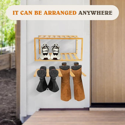 Boot Hangers Hanging Shoe Rack Wall Mounted Floating Tall Boot Holder, Bamboo Wader Organizer 3-Tier Display Shoe Rack, Holds 6 Pairs, for Entryway, Hallway, Bedroom, Garage