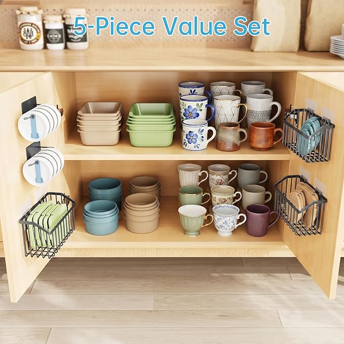 NiHome 5PCS Cabinet Door Lid Organizers Holders for Food Storage Container Lids Tupperware Tumblers Canning Lids, 3 Sizes Rustproof Metal Baskets for Spices, Toiletries, Under Sink or RV Storage