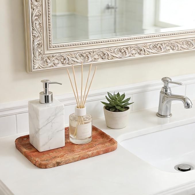 Koville Red Travertine Tray, 12"x8" Natural Stone Vanity Tray for Countertop Bathroom Kitchen Dresser, Decorative Marble Catchall Trays for Perfume Jewelry, Rectangular Serving Tray