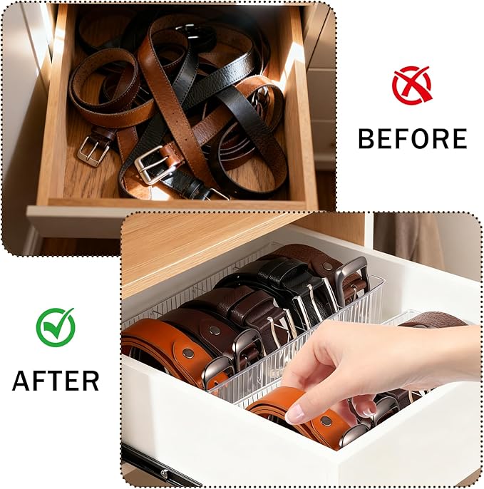 2-Pack Acrylic Belt Organizer for Closet & Drawer, Clear Belt Holder Display with 8 Detachable Compartments, Adjustable Storage Box for Belts, Ties, Bows, Wallets, and Jewelry
