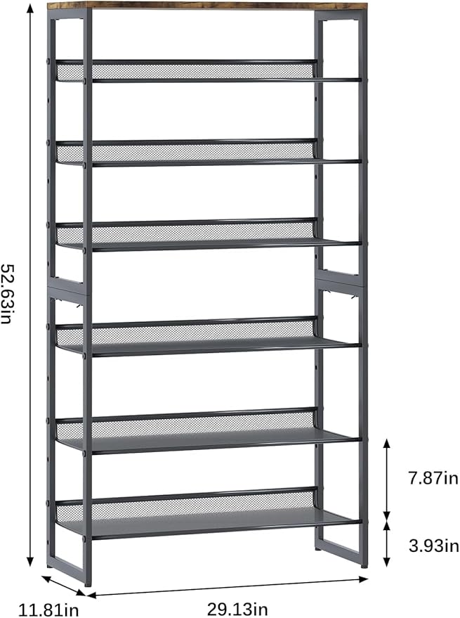 Garden 4 you Shoe Rack for Entryway 7 Tiers 11.8" D x 29" W x 52" H, Metal Shoe Rocks with Brown Wooden Tabletop, Angled Shoes Rack with Adjustable Mesh Shelves for Entryway Hallway Closet