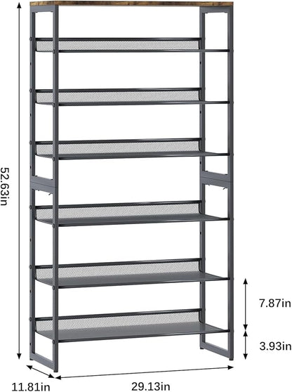 Garden 4 you Shoe Rack for Entryway 7 Tiers 11.8" D x 29" W x 52" H, Metal Shoe Rocks with Brown Wooden Tabletop, Angled Shoes Rack with Adjustable Mesh Shelves for Entryway Hallway Closet