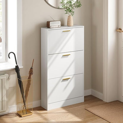 Shoe Cabinet Storage for Entryway, White Shoe Organizer with 2 Flip Drawers & Open Shelf, Freestanding Hidden Large Shoe Storage Cabinet (1pc-White, 3 Flip Drawers)