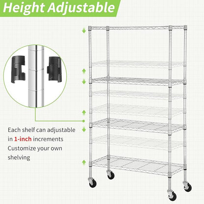 4 Tier Shelving Unit 62" H Adjustable Metal Shelves w/Wheels Heavy Duty Storage Shelf 1400Lb Capacity Garage Shelving Storage Wire Shelving for Kitchen, 36" L x 14" D x 62" H, Chrome