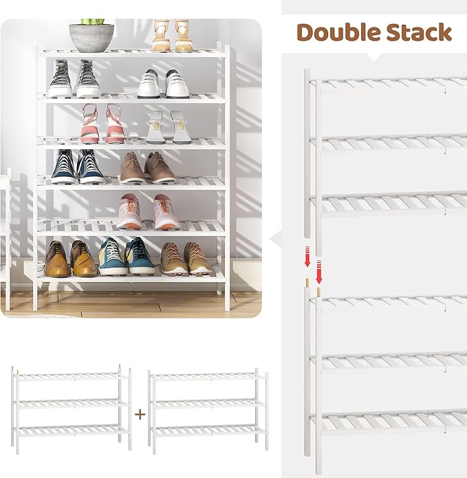 Bamboo Shoe Rack Stackable Shoe Shelf Storage Organizer for Unit Entryway Hallway and Closet Sturdy Freestanding Shoe Shelf(3 Tier White)