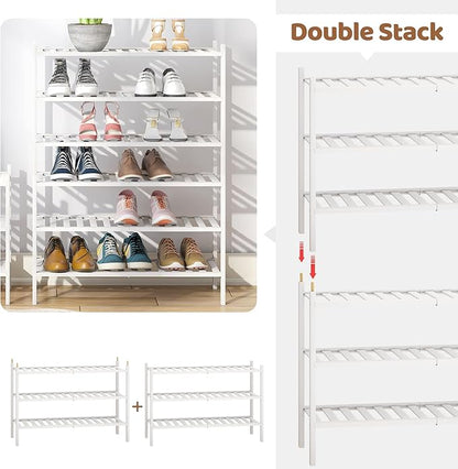 Bamboo Shoe Rack Stackable Shoe Shelf Storage Organizer for Unit Entryway Hallway and Closet Sturdy Freestanding Shoe Shelf(3 Tier White)