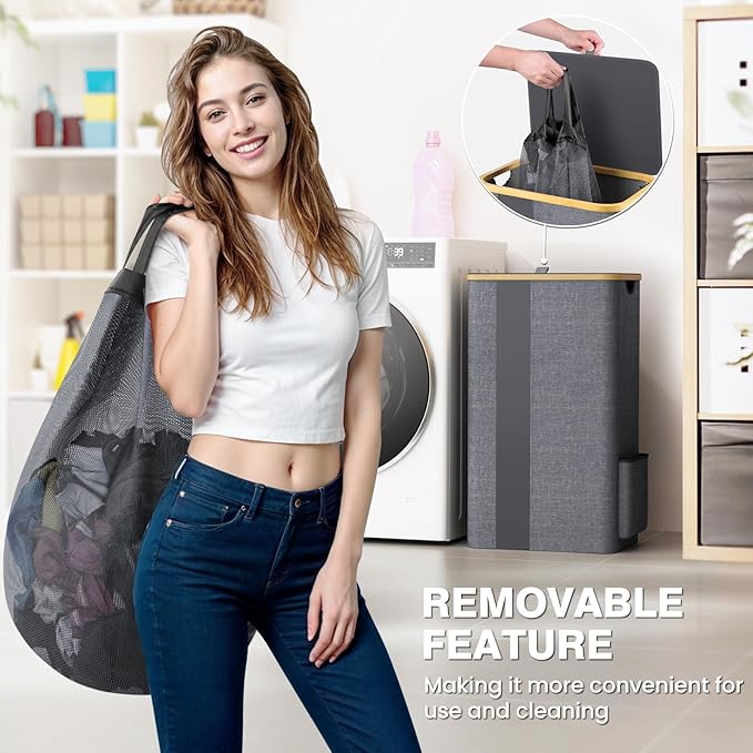 BlissTotes Laundry Basket with Lid, 100L Clothes Laundry Hamper with Handles and Removable Laundry Bag, Breathable Design Hamper with Lid for Bedroom, Bathroom, Dorm, Laundry Room - Light Grey