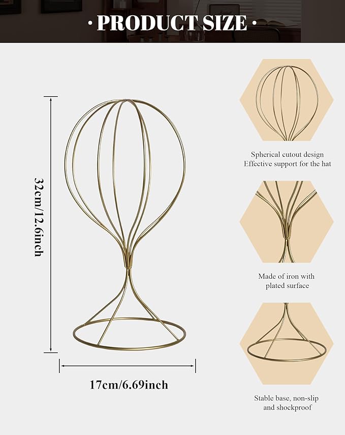CHADWICK Gold Iron Ball Hat Rack, Tall Display Stand for Fedora, Baseball Cap, Wig Storage, 6.7" x 15.7", Single Unit
