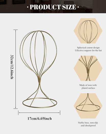 CHADWICK Gold Iron Ball Hat Rack, Tall Display Stand for Fedora, Baseball Cap, Wig Storage, 6.7" x 15.7", Single Unit
