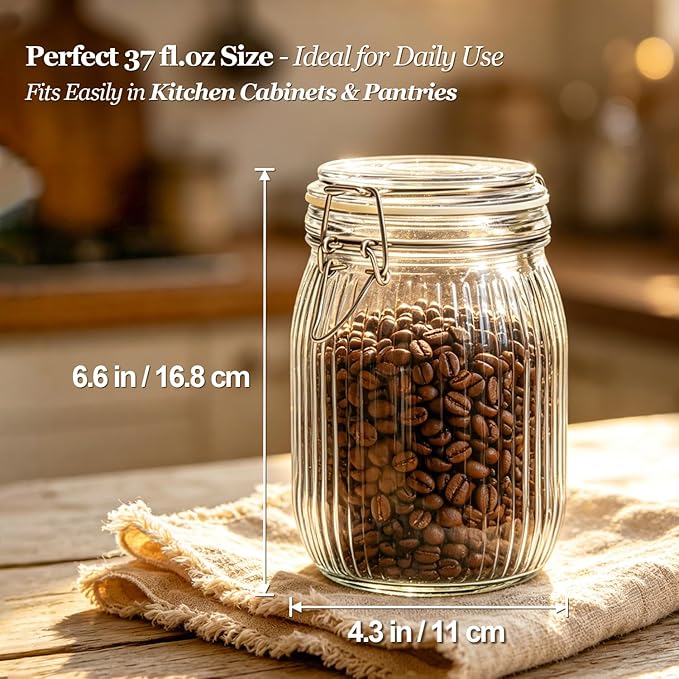 ComSaf 34oz Ribbed Glass Jars with Airtight Latch Lids - Set of 3 Farmhouse Vintage Canisters for Coffee, Sourdough Starter, Dry Goods & Fermenting, Pantry Organization & Kitchen Decor