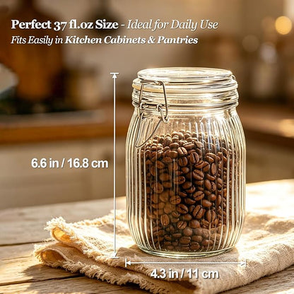 ComSaf 34oz Ribbed Glass Jars with Airtight Latch Lids - Set of 3 Farmhouse Vintage Canisters for Coffee, Sourdough Starter, Dry Goods & Fermenting, Pantry Organization & Kitchen Decor