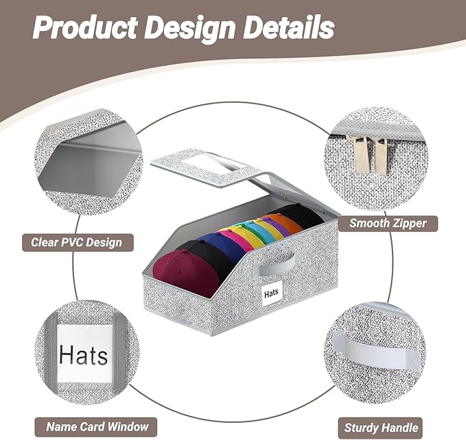 Hat Organizer for Baseball Caps 1 Pack Grey, Holds 15 Caps Hat Storage Hat Box, Closet Organizers and Storage for Closet/Shelf/Bedroom, Baseball Hat Organizer for Men Women