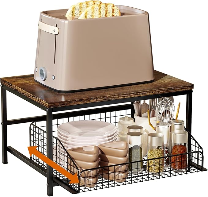 KLM Pull Out Spice Rack Organizer for Cabinet,Rustic Wood Top with Wire Basket Storage,Kitchen Countertop Organizer and Storage for Pantry, Counter top,Coffee Station Wood. (Brown)