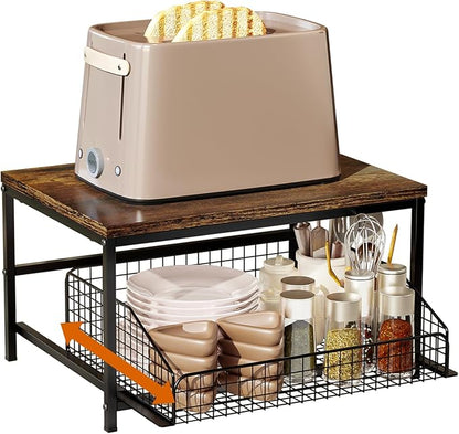 KLM Pull Out Spice Rack Organizer for Cabinet,Rustic Wood Top with Wire Basket Storage,Kitchen Countertop Organizer and Storage for Pantry, Counter top,Coffee Station Wood. (Brown)