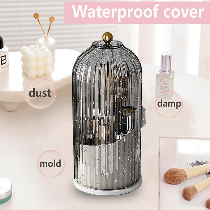 Makeup Brush Holder Organizer with Lid 360 Rotating Clear Dustproof 3 Compartment Design Makeup Brushes Organizer for dressing table and Bathroom Countertop (Gray)