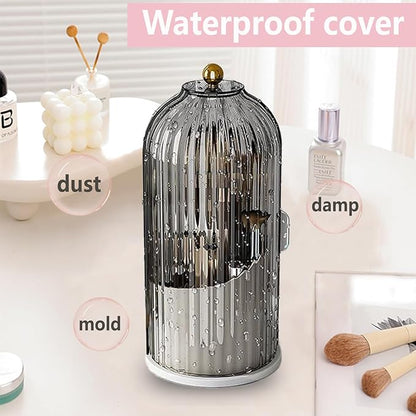 Makeup Brush Holder Organizer with Lid 360 Rotating Clear Dustproof 3 Compartment Design Makeup Brushes Organizer for dressing table and Bathroom Countertop (Gray)