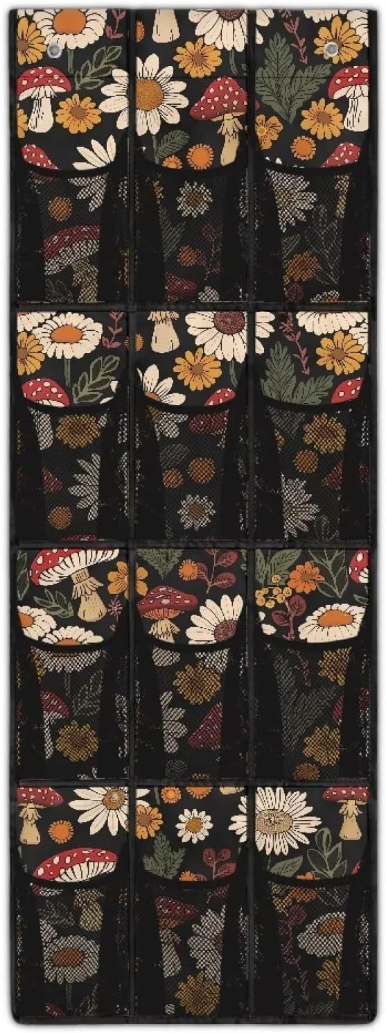 Mushrooms Door Hanger Organizer 12 Pockets Flowers Behind The Door Organizer for Living Room Black Wall Hanging Storage Space Saving Multi-Funtion Storage Bag for Office