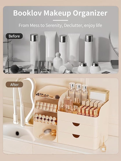 Booklov Makeup Organizer for Vanity, Countertop Cosmetic Display Case with Drawer, Bathroom Counter Beauty Caddy, Comfyroom Table Storage Holder for Skincare, Brush Eyeliner Eyeshadow Lipsticks, Creem