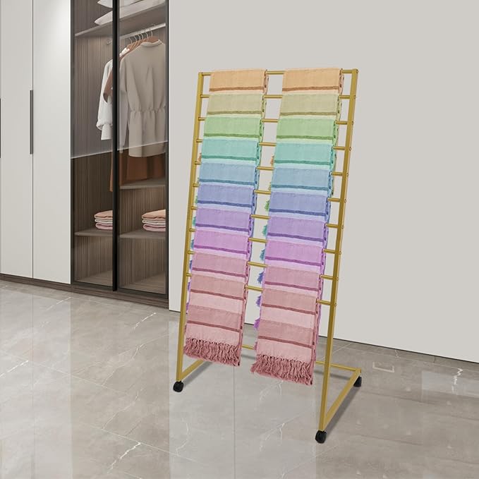 Gold Scarf Display Stand Rolling 10-Tier Scarf Hanger Stand Metal Scarf Holder Organizer with Wheels Freestanding Scarf Rack for Clothing Store Shop Home Bedroom Tie Pants Organization, Gold