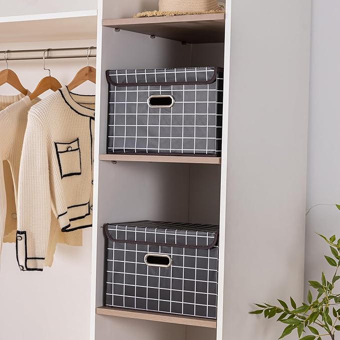 STOREONE Fabric Storage Cube Bins Foldable Organizer Container Collapsible Basket with Lids and Metal Handles, for Home, Bedroom, Closet 6 Pcs (Black grid)
