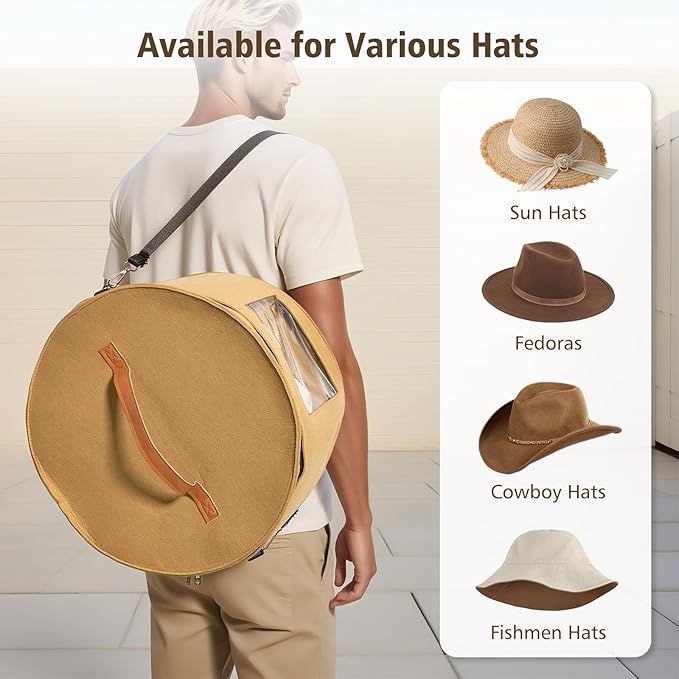 HEAVYWOOD Hat Box for Women Storage Travel Felt Hat Case for Wide-Brim Cowboy Hat Storage Foldable Organizer for Closet Large Round Hat Carrier with Portable Handle Shoulder Strap (Khaki)
