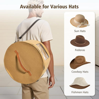 HEAVYWOOD Hat Box for Women Storage Travel Felt Hat Case for Wide-Brim Cowboy Hat Storage Foldable Organizer for Closet Large Round Hat Carrier with Portable Handle Shoulder Strap (Khaki)