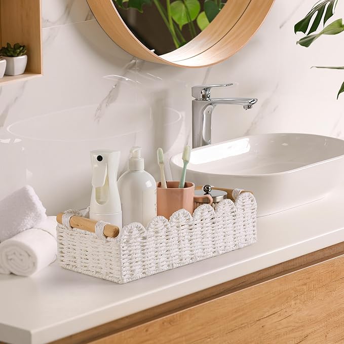 Toilet Paper Storage Basket Bathroom Counter Organizer Wicker Baskets for Organizing Cute Basket for Bedroom Nursery Room Kitchen Bathroom Decor-White