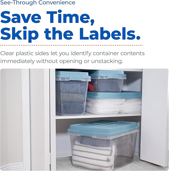Hefty HI-RISE 32 Qt Stackable Storage Bins with Lids – 6 Pack Clear Plastic Under Bed Storage Containers, Shoe Organizer Boxes with XL Lid-Locking Latches, Comfort-Grip Handles, Durable Double Rim