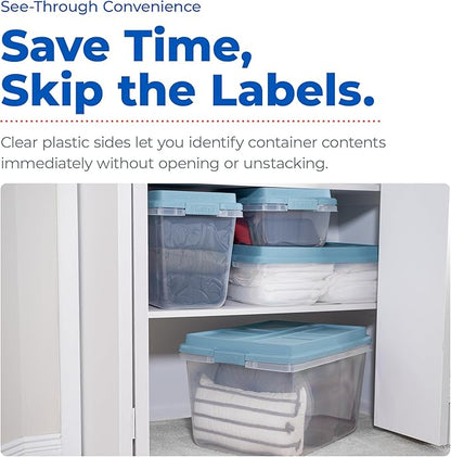 Hefty HI-RISE 32 Qt Stackable Storage Bins with Lids – 6 Pack Clear Plastic Under Bed Storage Containers, Shoe Organizer Boxes with XL Lid-Locking Latches, Comfort-Grip Handles, Durable Double Rim