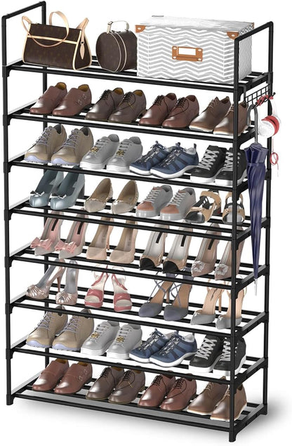 Hsscblet 8 Tiers Metal Shoe Rack,Adjustable Shoe Shelf Storage Organizer with Hooks,Stackable Boot & Shoe Storage,for Entryway,Hallway,Closet,Black