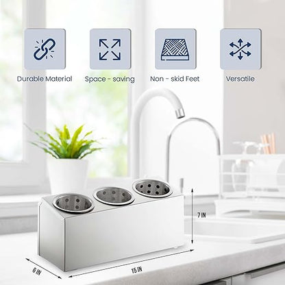 OCS Parts 3-Compartment Silverware Display Holder | Stainless Steel Cylinders | Stainless Steel Kitchen Caddy Utensil Holder with Perforated Cylinders for Home Kitchens, Restaurants and Buffets