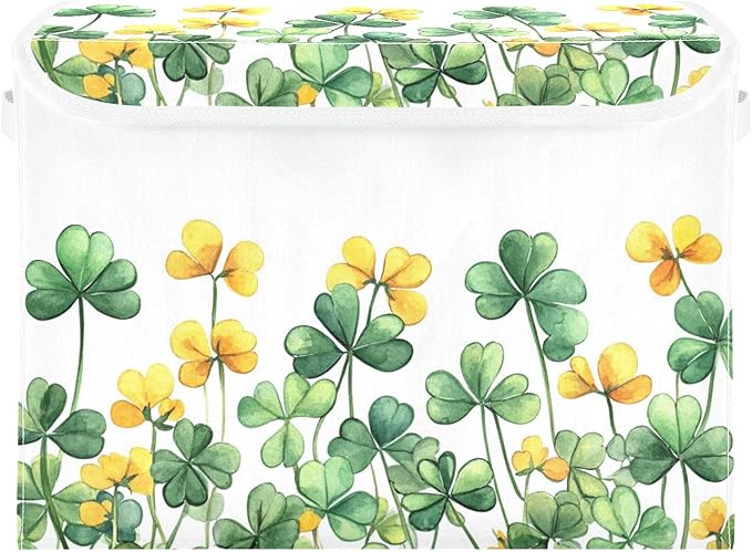 senya St. Patrick's Day Baskets Collapsible Storage Bins with Lids, Border Of Green Clover Yellow Flowers Storage Boxes Clothes Baskets for Organizing