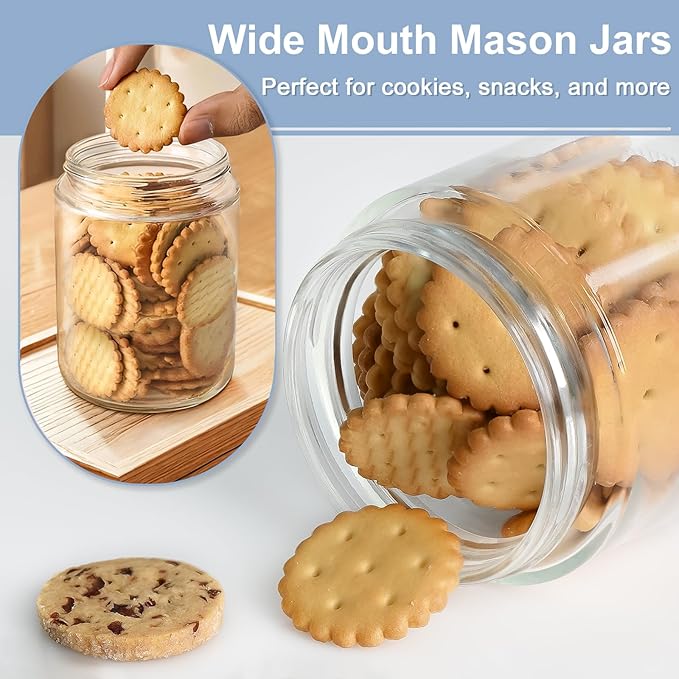 Overnight Oats Containers with Lids, 10 & 16 & 24 oz Wide Mouth Mason Jars with Lids, 6 Pack Glass Jars with Airtight lid for Chia Pudding Yogurt Salad, Meal Prer Oatmeal Jars