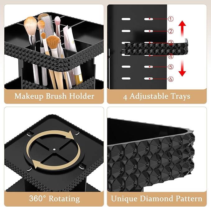 Rotating Makeup Organizer with Makeup Brush Holder,Large Capacity Perfume Organizer for Vanity Countertop,Acrylic Skincare Organizers Spinning Holder Storage Rack (Black)
