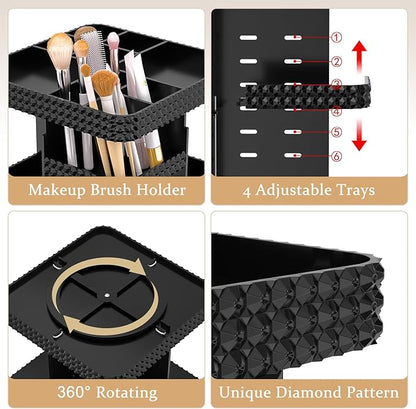 Rotating Makeup Organizer with Makeup Brush Holder,Large Capacity Perfume Organizer for Vanity Countertop,Acrylic Skincare Organizers Spinning Holder Storage Rack (Black)