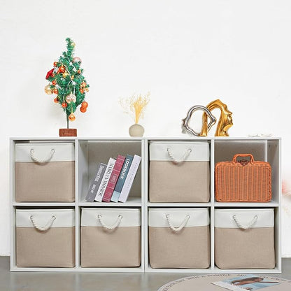 13 x 13 Inch Storage Cubes，6 Pack Cube Storage Bins for Shelves，Fabric Collapsible Storage Bins with Handles, Foldable Storage Basket for Organizing Clothes, Toys, Books (White&Beige)