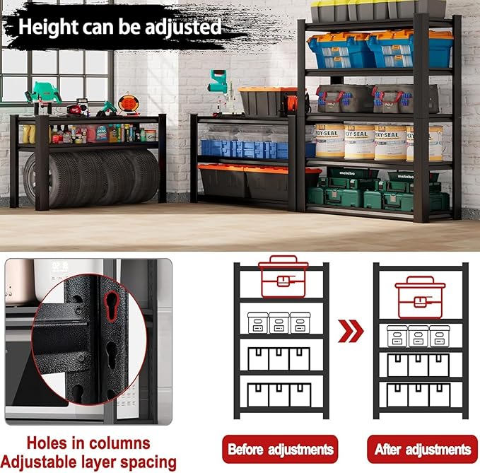 Garage Shelving 3000LBS Heavy Duty Shelving Units and Storage Shelves Adjustable 5 Tier Metal Shelving for Kitchen,Utility Room and Basement, Black