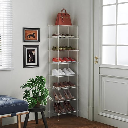 Aquiver Acrylic 8 Tiers Tall Shoe Rack - Shoe Organizer for Entryway - Narrow Shoe Storage Shelf Clear Shoes Rack for Closet, Store 16-20 Pairs of Shoes, 18.1'' L x 11.8'' W x 61'' H, Easily Clean