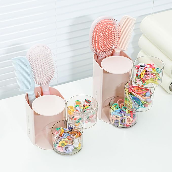 FABROK 3-Layer Hair Accessories Organizer with Brushes Holder, Rotating Small Jewelry Box for Hair Ties Clip Earring Necklaces, Bathroom Vanity Desktop Organizer Case for Cotton Swab(Pink)