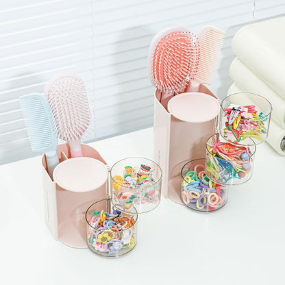 FABROK 3-Layer Hair Accessories Organizer with Brushes Holder, Rotating Small Jewelry Box for Hair Ties Clip Earring Necklaces, Bathroom Vanity Desktop Organizer Case for Cotton Swab(Pink)