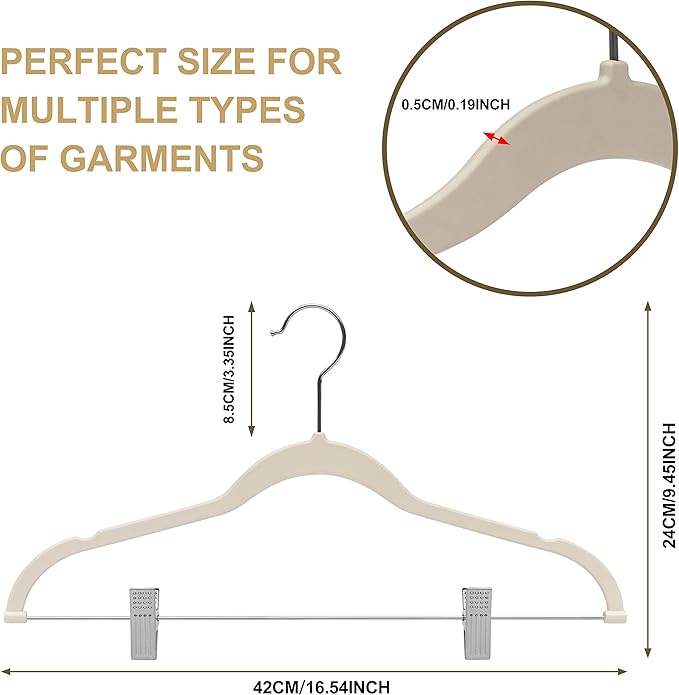 80 Pack Ivory Quality Plastic Non Velvet Non-Flocked Thin Compact Coat Hangers with Metal Clips for Skirts Pants Blouses 360° Swivel Hook
