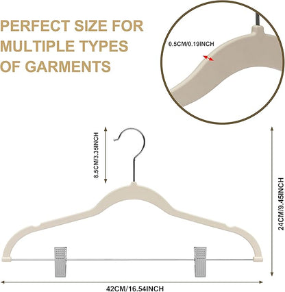 80 Pack Ivory Quality Plastic Non Velvet Non-Flocked Thin Compact Coat Hangers with Metal Clips for Skirts Pants Blouses 360° Swivel Hook