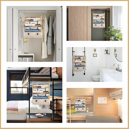 Surblue Hanging Closet Storage Bag Collapsible 3-Shelf Washable Oxford Fabric with 2 Hooks (XL 17.71 * 11.81 * 20in, Beige)