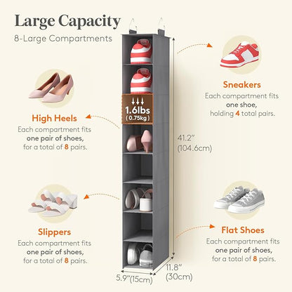 Lifewit Closet Shoe Organizer Hanging 8 Section, Collapsible Closet Organizers and Storage for Shelf, Shoe Hanger for Wardrode, Dorm, 11.8" L X 5.9" W X 41.1" H, Gray