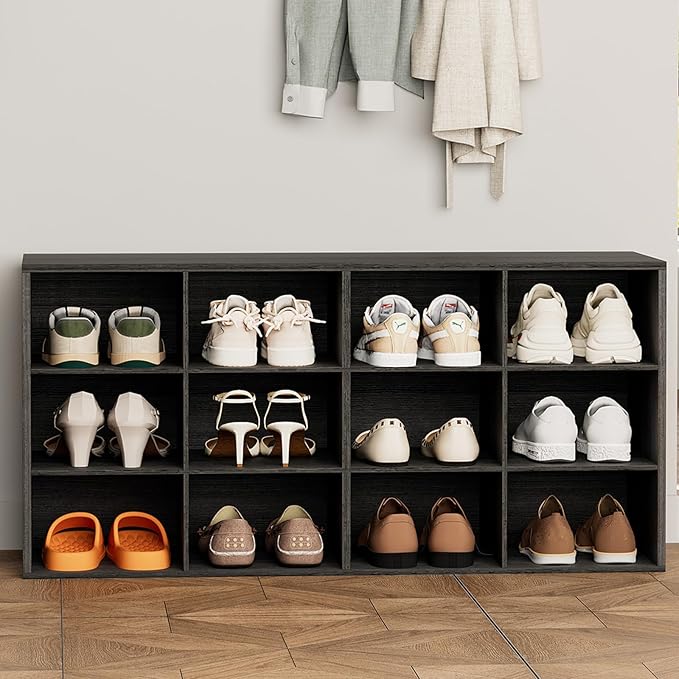 Aenuert 12-Cubby Shoe Rack, 3-Tier Wood Shoe Organizer, Multifunctional Shoe Organizer Bench for Entryway, Mudroom, Hallway, Closet,36.22 * 11.81 * 17.72 Inch,Black