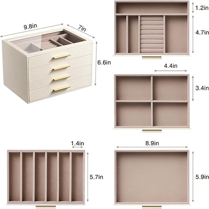 pickpiff Jewelry Box Organizer Case for Women: 4-Layer Jewelry Storage Case with Glass Window, Ivory Leather with Pink Velvet, Holder for Ring Necklace Bracelet Brooch Watch, Great Gift for Her