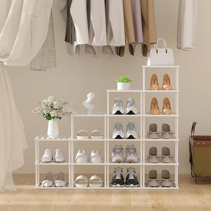 Vertical Bamboo Shoe Rack, Tall Narrow Shoe Storage Organizer for Small Spaces, Stackable DIY Skinny Shoe Shelf for Entryway Closet Corner Doorway, Space Saving Free Standing Shoe Rack